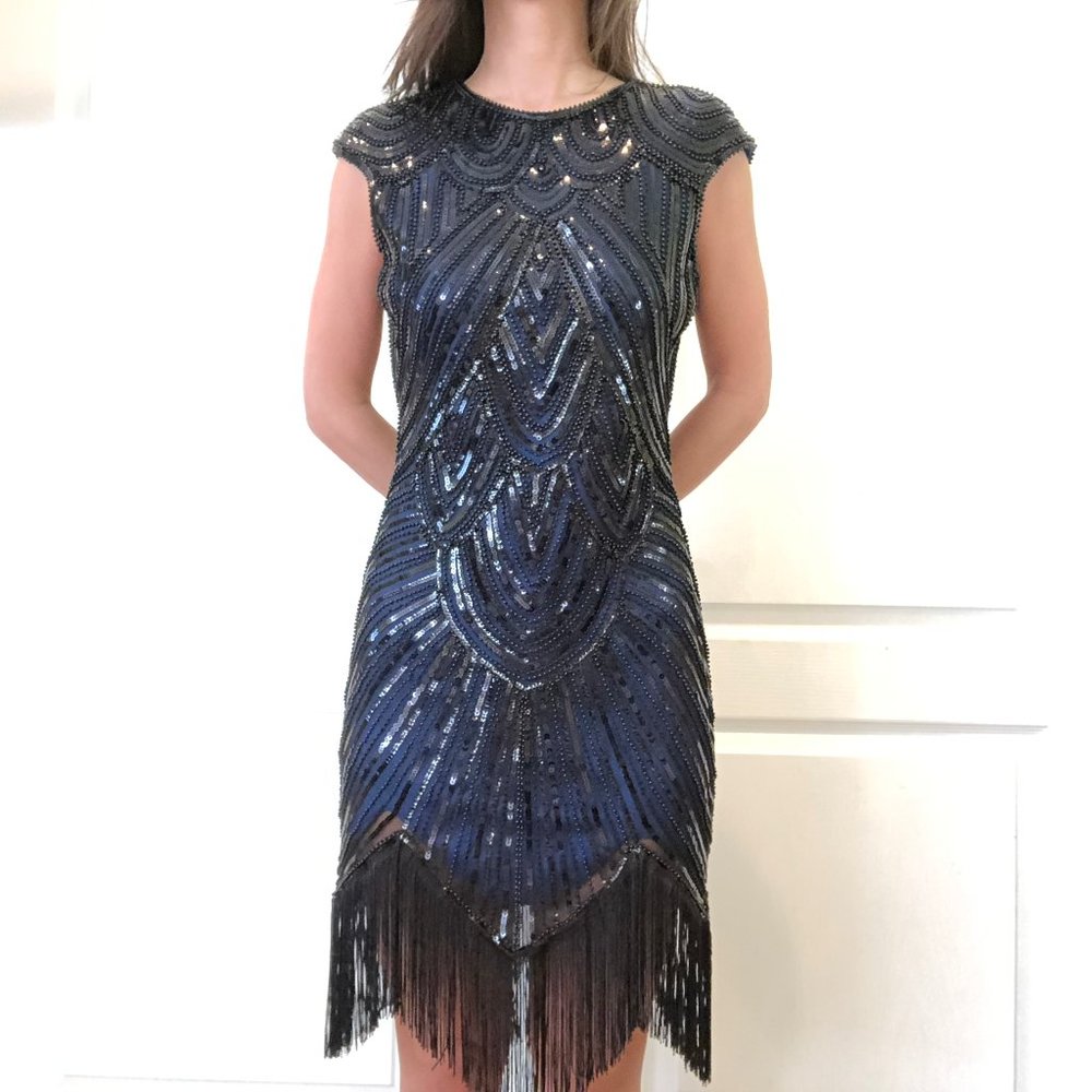 Flapper Black and Blue Beaded Dress